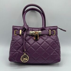NWT Badgley Mischka Small Diamond quilted tote with lock plum Handbag Crossbody‎